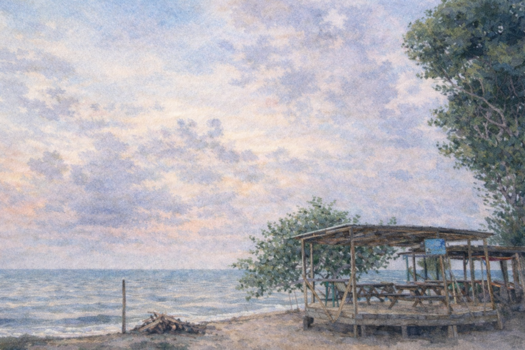 Watercolor beach dock at sunrise, burnout recovery for women