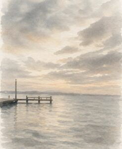 Watercolor beach dock at sunrise, burnout recovery for women