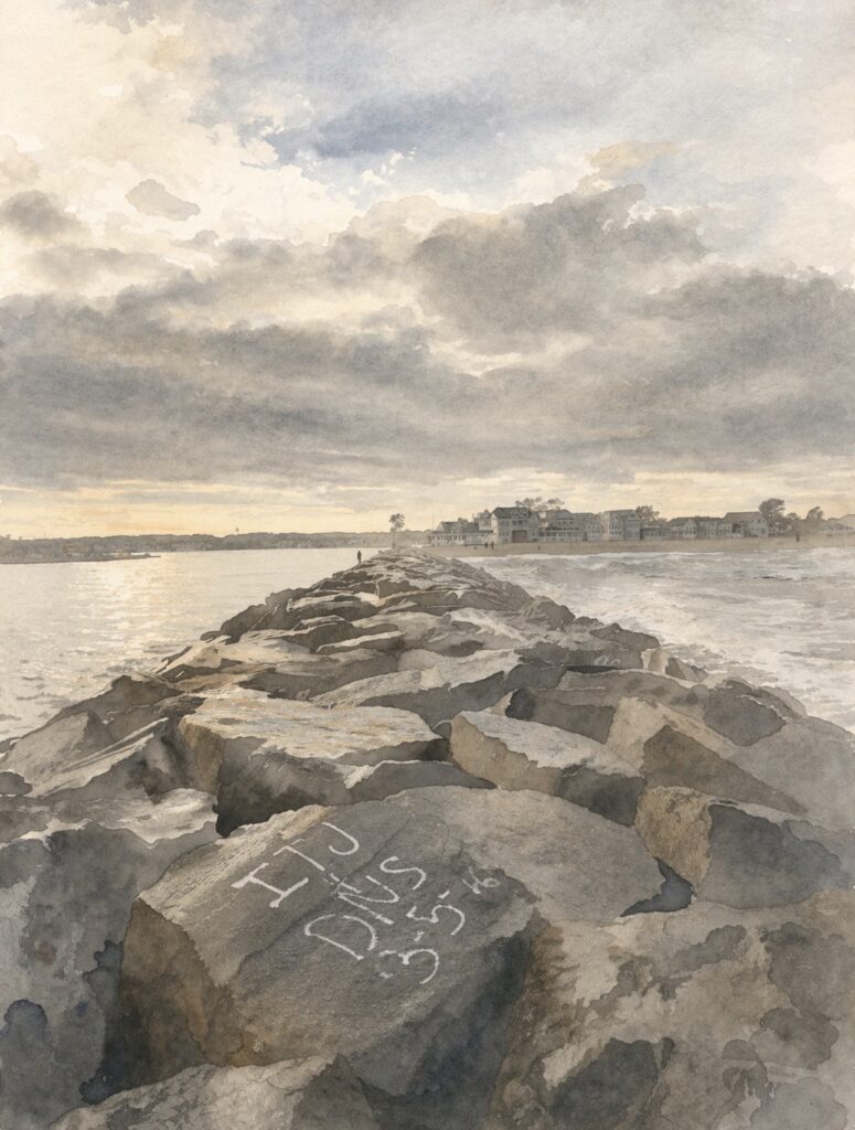 watercolor beach jetty at sunrise, The Quiet Rise wellness blog