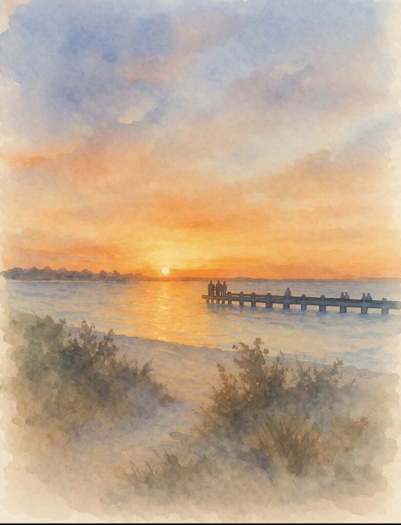 Watercolor beach dock at sunrise, burnout recovery for women