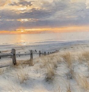 watercolor sunrise over water on beach with fence