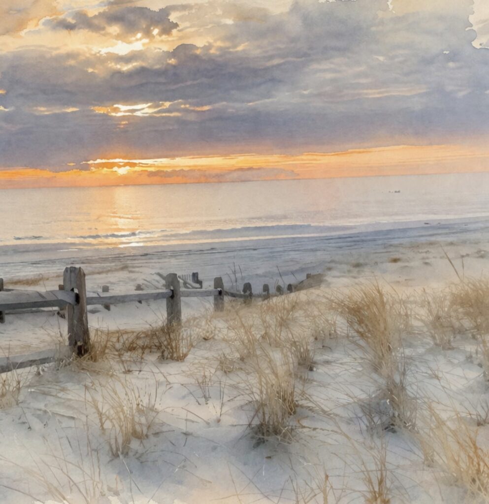 watercolor sunrise over water on beach with fence
